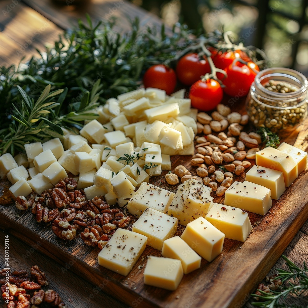Varied Cheese Selection on Wooden Board with Olive Oil Varied Cheese Selection on Wooden Board with Olive Oil