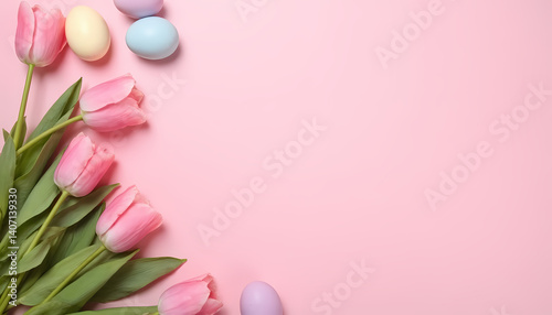 Bouquet of tulips and several eggs in the corner of the canvas on a pink background