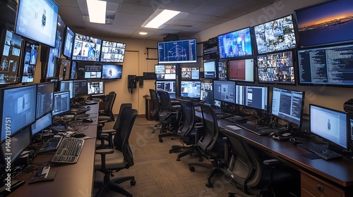 cyber operations control room with authorities monitoring multiple screens and computer systems to prevent threats strengthen security and protect critical networks