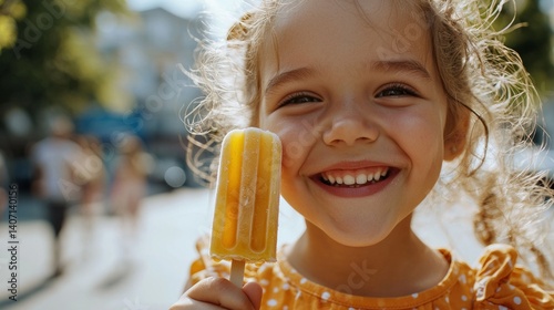 A young girl joyfully holding a popsicle.
