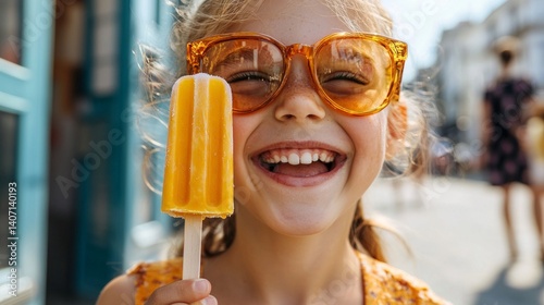 A young girl is joyfully holding a lemonade popsicle on a street.