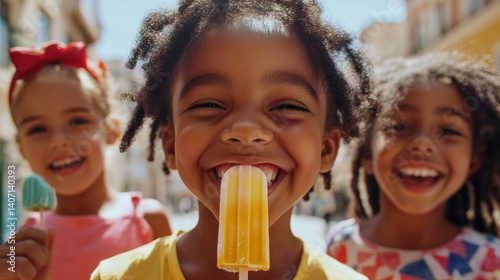 A joyful scene of children smiling and enjoying popsicles outdoors.