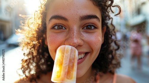 A young woman enjoying an ice cream cone on a sunny day.
