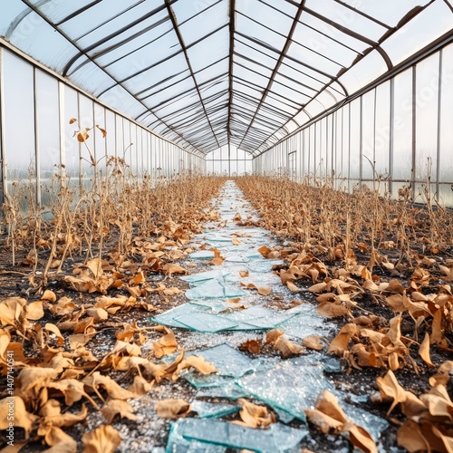 Abandoned greenhouse with broken glass and dry plants, agricultural failure, food system critique
