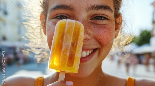 A young girl is enjoying a lemon-flavored ice pop at a street event or beach setting, showcasing her delight with the treat.