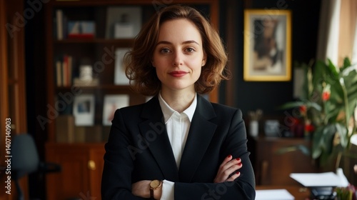 A young woman in a professional setting, posing confidently.