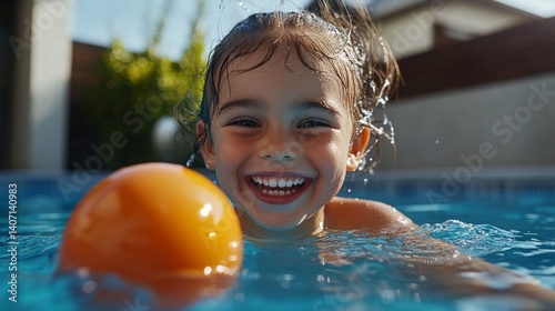 Child playing in swimming pool, smiling at camera while holding yellow ball.