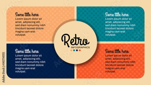 Retro infographic template. 4 banners with text and title in the middle