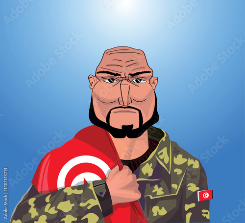 Embrace the essence of bravery and patriotism! Witness the power of an Tunisian soldier with the national flag. Fuel your designs with pride. Get this essential vector file and inspire greatness!