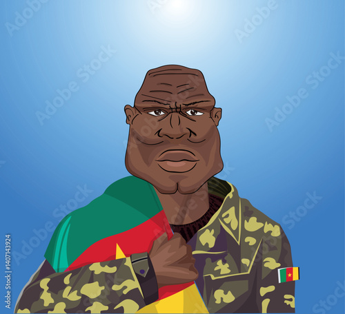 Embrace the essence of bravery and patriotism! Witness the power of an Cameroonian soldier with the national flag. Fuel your designs with pride. Get this essential vector file and inspire greatness!