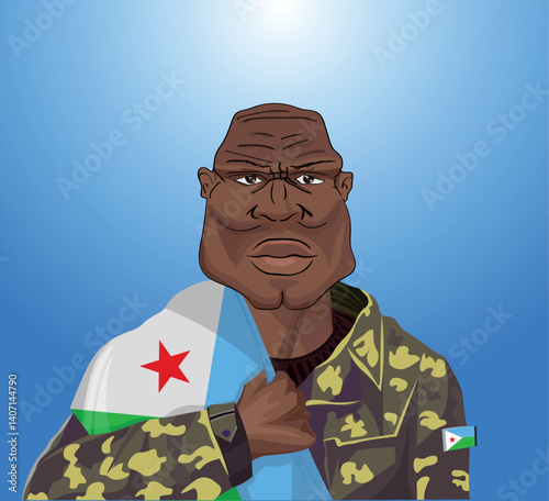 Embrace the essence of bravery and patriotism! Witness the power of an Djiboutian soldier with the national flag. Fuel your designs with pride. Get this essential vector file and inspire greatness!