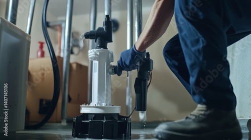 Plumber installing a sump pump in a basement. Featuring plumbing and flood prevention