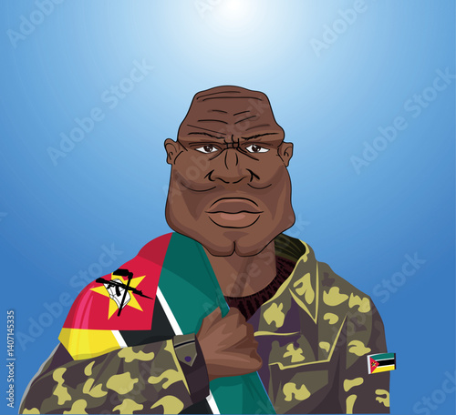 Embrace the essence of bravery and patriotism! Witness the power of an Mozambican soldier with the national flag. Fuel your designs with pride. Get this essential vector file and inspire greatness!