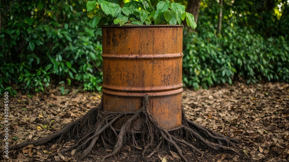 Tree roots growing over abandoned oil drum, nature fighting back, hopeful exploitation scene Tree roots growing over abandoned oil drum, nature fighting back, hopeful exploitation scene