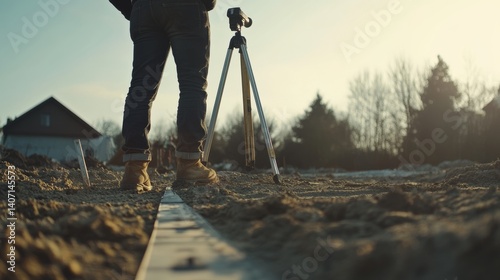 Surveyor using laser to measure construction site area. Featuring surveying and precise measurement