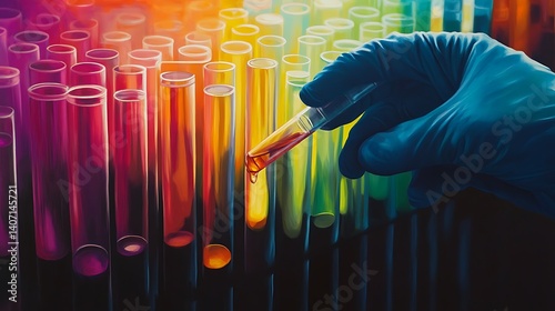 careful fluid dropper used by scientist wearing gloves while working with chemical samples in vibrant colored lab setting with modern equipment