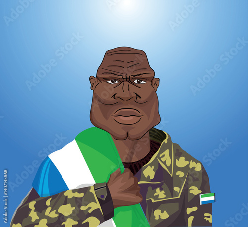 Embrace the essence of bravery and patriotism! Witness the power of an Sierra Leonean soldier with the national flag. Fuel your designs with pride. Get this essential vector file and inspire greatness