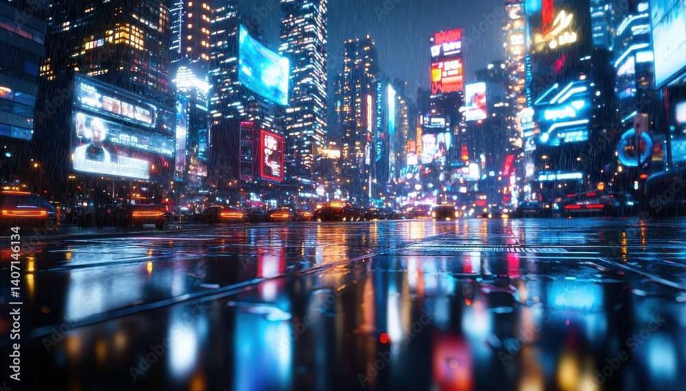 Fototapeta premium Vibrant night scene of a city with neon lights reflecting on wet pavement.