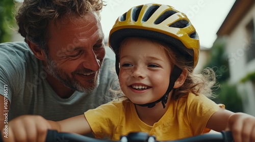 A young child riding a bicycle next to an adult.