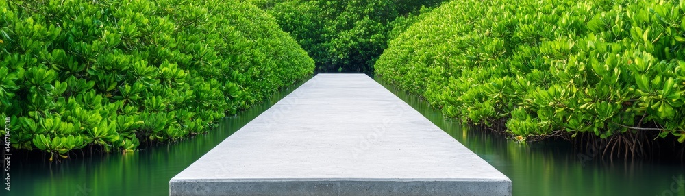 Obraz premium Concrete barriers replacing mangroves, flood control vs ecology, coastal exploitation