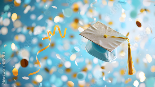 White Graduation Cap with Confetti on Light Blue
