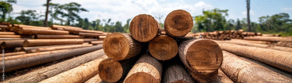 Crashed tree logs in illegal timber yard, deforestation crime, environmental injustice Crashed tree logs in illegal timber yard, deforestation crime, environmental injustice
