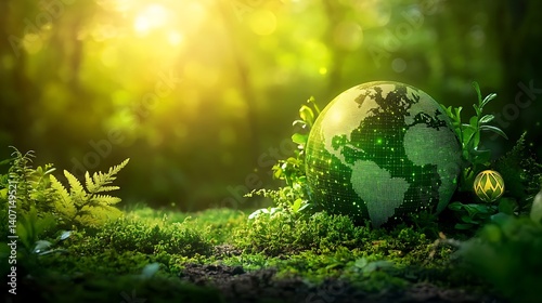 digital concept image showing earth surrounded by green eco icons representing co2 reduction climate solutions and sustainability goals