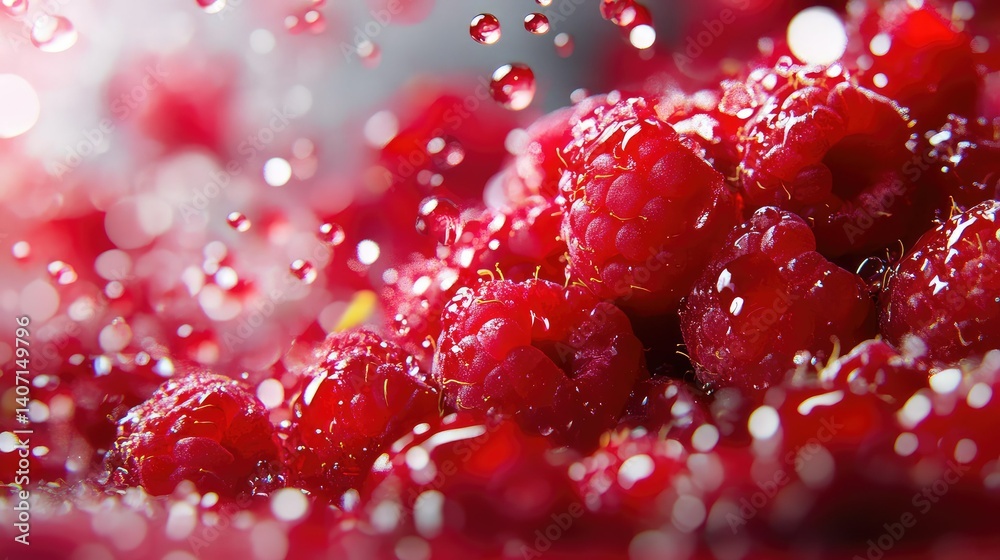 High-resolution macro shot of raspberry pile, vivid red tones and juicy appearance on white