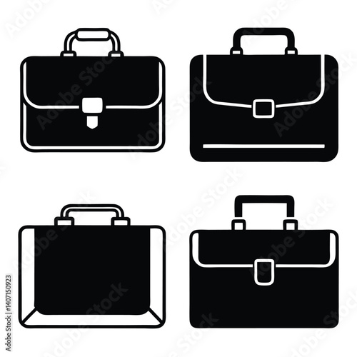 A set of black, silhouette, and black and white suitcases are vintage travel luggage icons, useful as business portfolio objects with a handle and lock
