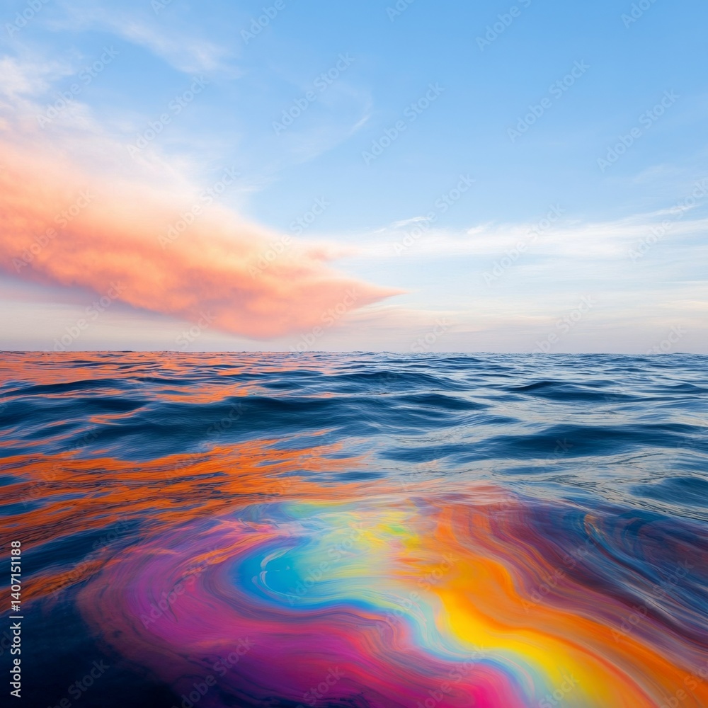 Fototapeta premium Ocean surface covered in oil sheen, disaster response visual, ecological emergency