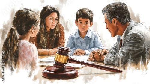 legal scene with attorney advising family on legal rights and justice while courtroom gavel is positioned at the front of the image