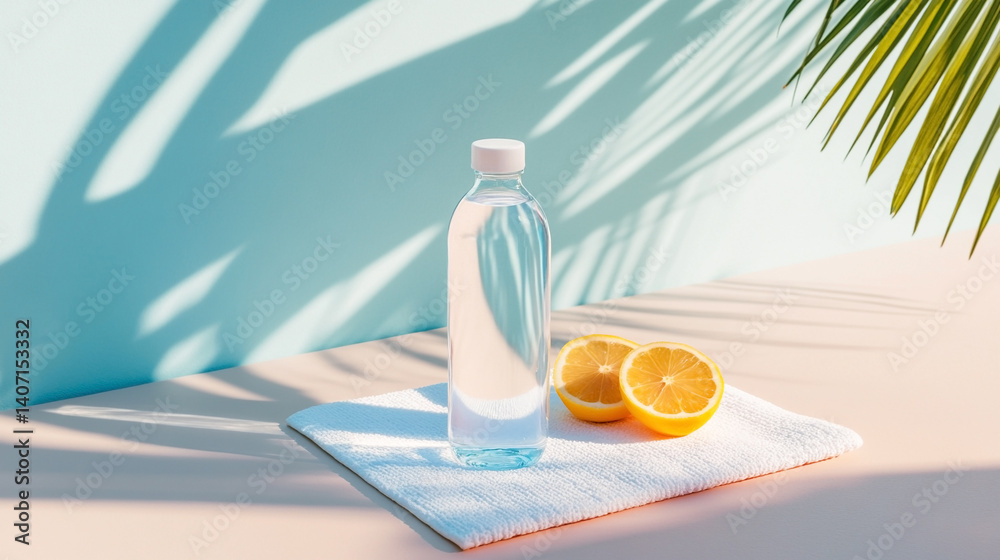 Bottle of purified water and sliced lemon on blue background. Water balance. Bottle of purified water and sliced lemon on blue background. Water balance.