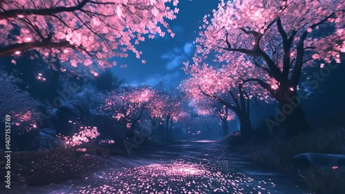 A magical spring night with glowing sakura trees