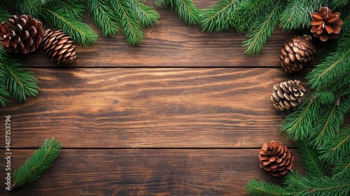 rustic wooden surface adorned with evergreen boughs and scattered pinecones creating a charming seasonal framework for celebratory projects or heartfelt expressions of warm winter tidings