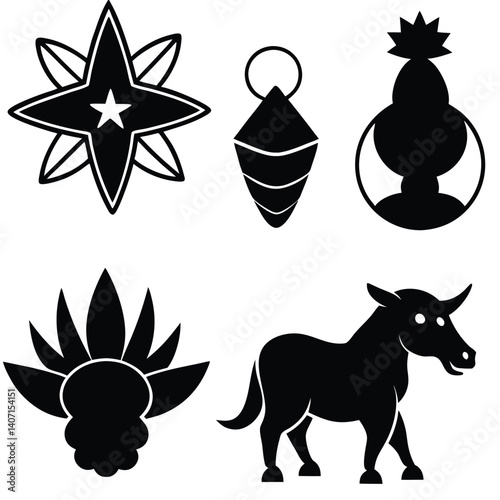 Black animal silhouettes vector illustration set includes horse, dog, cat, bird, and farm mammal icons