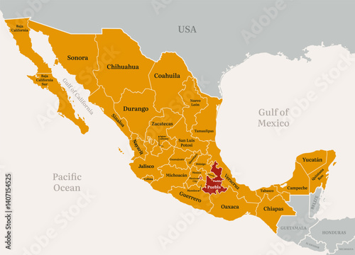 Puebla Map, Mexico with state border, name, and capital