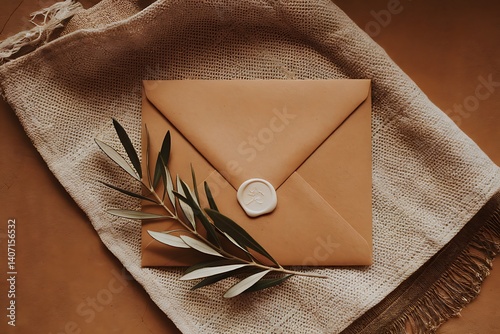 Elegant Tan Leather Envelope with Olive Branch and Wax Seal