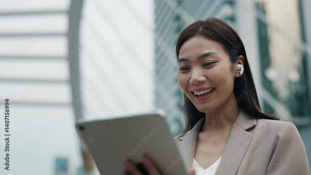 Portrait of Thai woman talking to partner on video call standing near office building