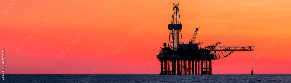Fototapeta premium Abandoned oil rig silhouetted against red sky, energy relic, past exploitation remains