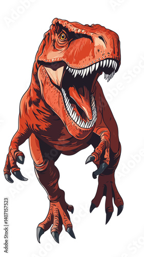 Fierce Red Tyrannosaurus Rex Vector Illustration with Open Fanged Mouth and Sharp Claws