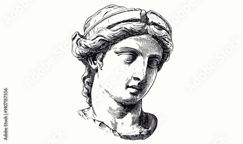 Classical Greek Statue Head Sketch with Intricate Details in Monochromatic Style