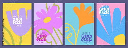 Creative spring,  summer cards with abstract leaves, plants, flowers. Modern art minimalist style. Poster, cover, packaging design.