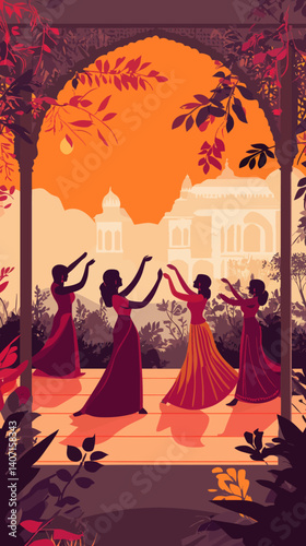 Mughal-Inspired Wedding Dance Celebration in Garden Arch Vector Illustration
