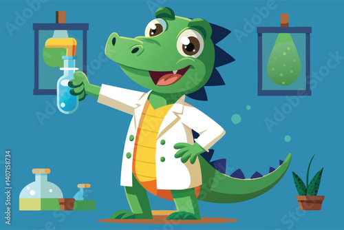 Cute Crocodile Scientist in Lab Coat Holding Beaker