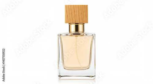 Perfume bottle with wooden cap on white background