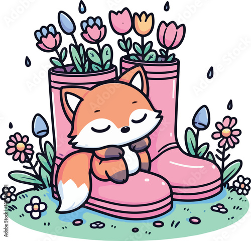 Fox Cub in a Rainboot Garden. Cartoon Illustration.