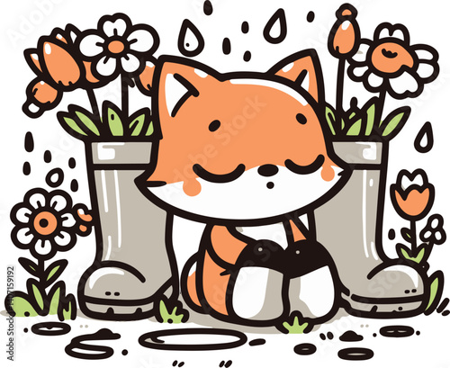 Fox Cub in a Rainboot Garden. Cartoon Illustration.