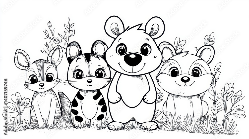 Obraz premium Playful Animal Friends Coloring Page