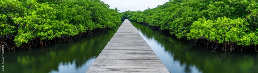 Obraz premium Concrete barriers replacing mangroves, flood control vs ecology, coastal exploitation