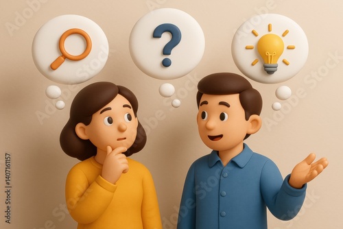 Imagination Shared: A man and a woman engaged in a conversation, each with their own thought bubbles floating above them, evoking an exchange of ideas and concepts.